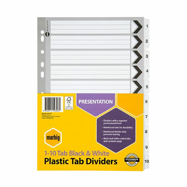 Marbig Indices and Dividers 1-10 Tab Reinforced A4 Black and White