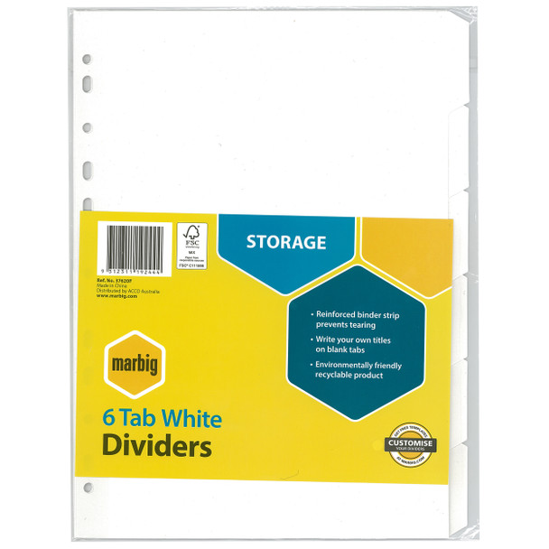 Marbig Indices and Dividers 6 Tab Manilla A4 White