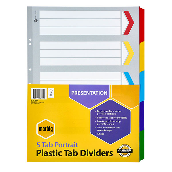 Marbig Indices and Dividers 5 Tab Reinforced A3 Portrait Multi Colour