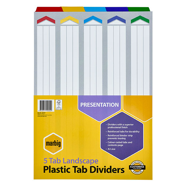 Marbig Indices and Dividers 5 Tab Reinforced A3 Landscape Multi Colour