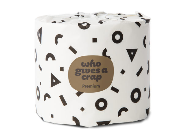 Single roll of Who Gives A Crap premium bamboo toilet paper in monochrome spotted wrapper – 3-ply, tree-free