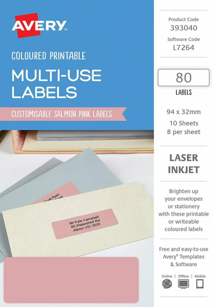 Avery #393040 Multi-Use Salmon Pink Coloured Labels 94x32mm, Laser, Inkjet, Permanent - 80 Labels/10 Sheets | It's A Mega Thing