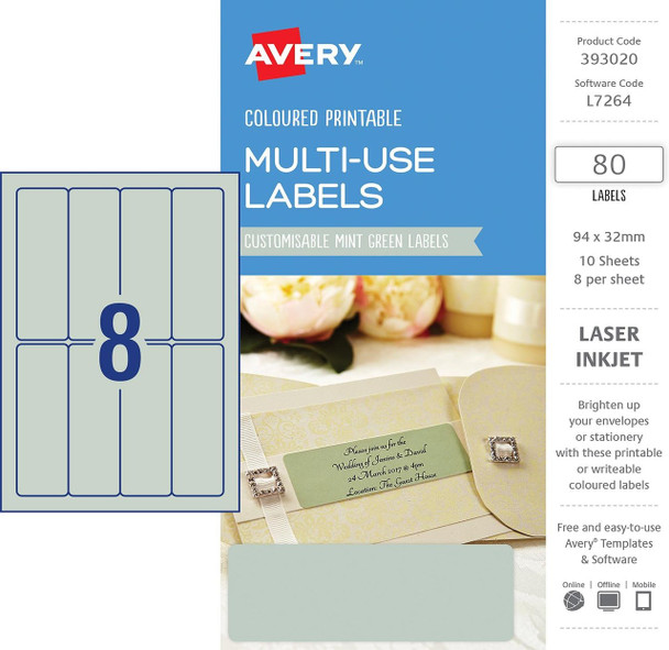 Avery #393020 Multi-Use Mint Green Coloured Labels 94x32mm, Laser, Inkjet, Permanent - 80 Labels/10 Sheets - Avery, averylabels, avery labels, avery products, place card holders, avery stickers | It's A Mega Thing