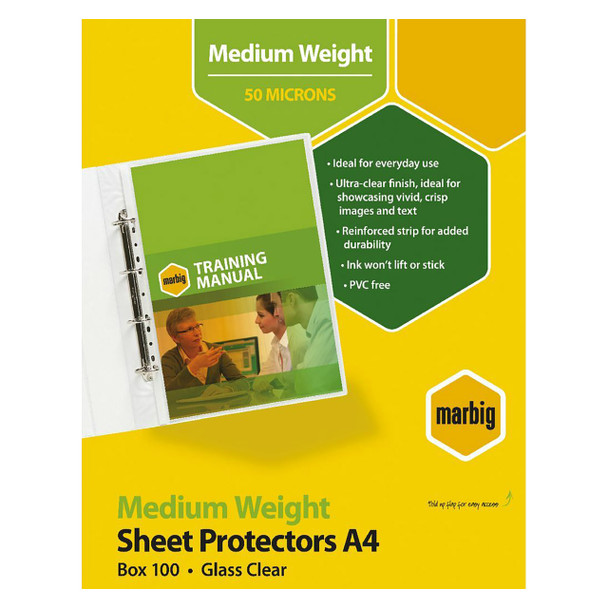 Marbig Sheet Protectors Medium Weight A4 Clear Box of 100