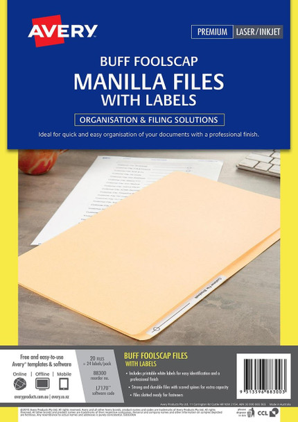 Avery #88300 Buff Manilla File with 1 Sheet of 24 Laser File Title Labels, Foolscap, 20/Pack - Avery dispenser labels, avery Australia, place card holders, avery stickers | It's A Mega Thing