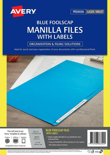 Avery #88322 Blue Manilla File with 1 Sheet of 24 Laser File Title Labels - Foolscap - 20/Pack - avery labels australia, fabric name labels, fabric name badge labels, avery name tags | It's A Mega Thing
