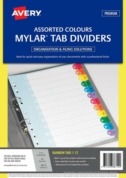 Avery #88712 Divider Mylar 1-12 Index Tabs A4 Rainbow - avery multi use tabs, avery multiuse tabs, avery polka dot tabs, avery printable tabs, avery tabs, avery Australia, avery products Australia, Avery index tabs | It's A Mega Thing