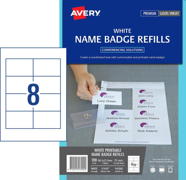 Avery #947002 L7418 Name Badge Card Refills Inkjet/Laser White 150gsm 8 Per Sheet 86.5x55.5mm Pack 200 |8UP - Avery, averylabels, avery labels, avery products, avery Australia, place card holders | It's A Mega Thing