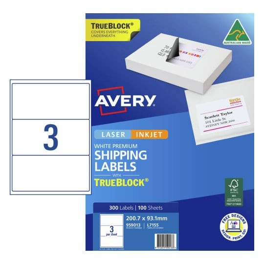 Avery 959013 L7155 TrueBlock shipping labels 100 pack for parcels and packages