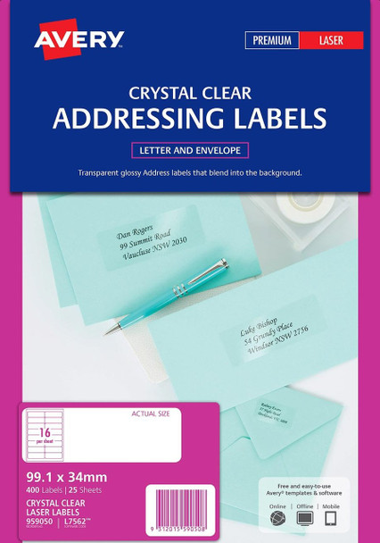 Avery #959050 Crystal Clear Address Labels - L7562 - 400/Pack - 99.1 x 34 mm |16UP - Avery, averylabels, avery labels, avery products, avery Australia, place card holders | It's A Mega Thing Avery #959050 Crystal Clear Address Labels - L7562 - 400/Pack - 99.1 x 34 mm |16UP - Avery, averylabels, avery labels, avery products, avery Australia, place card holders | It's A Mega Thing