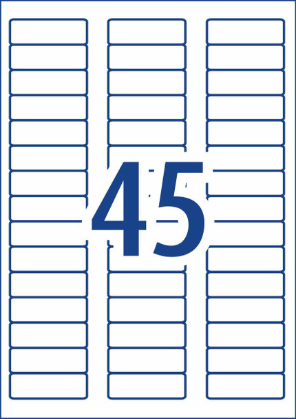 Label layout diagram showing 45 small rectangular labels per A4 sheet for 58 x 17.8mm size