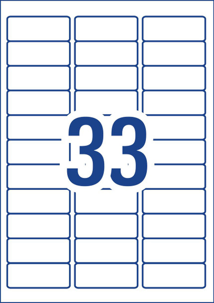 Label layout diagram showing 33 rectangular labels per A4 sheet for 64 x 24.3mm size
