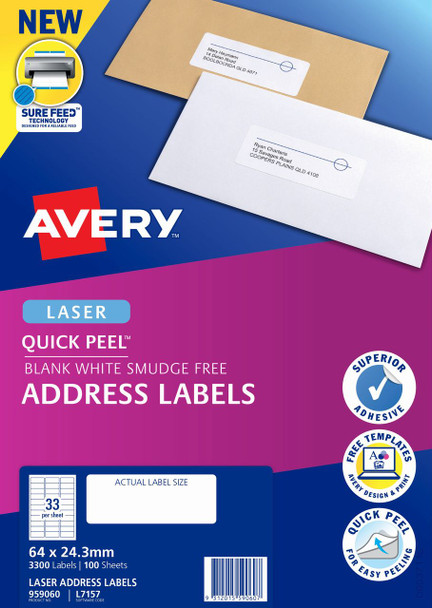 Avery #959060 Quick Peel Address Labels with Sure Feed - L7157 - 3300/Pack - 64x24.3mm, Laser, White - 33UP - avery Australia, place card holders, avery stickers, avery labels australia | It's A Mega Thing