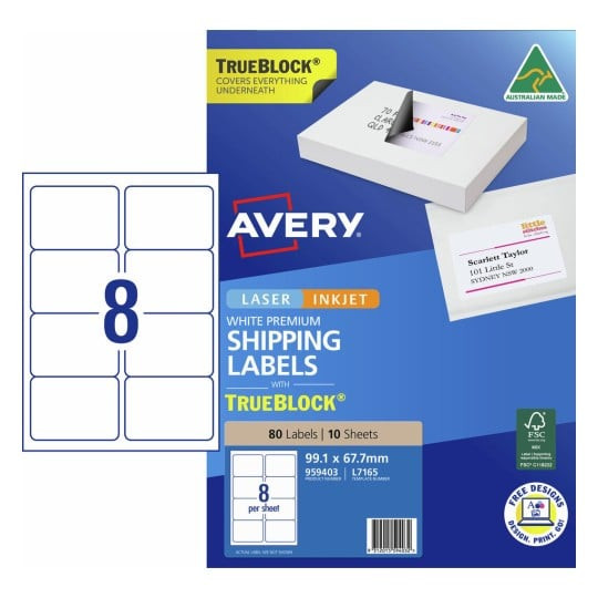 Avery 959403 white TrueBlock shipping labels L7165 80 pack for parcels and packages