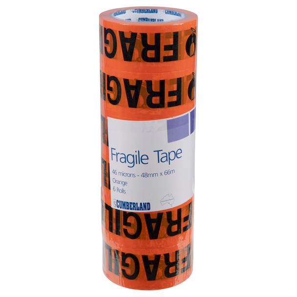 Cumberland 7188 Fragile Tape 48mm x 66m Orange & Black - Pack 6 | Mega Office Supplies
