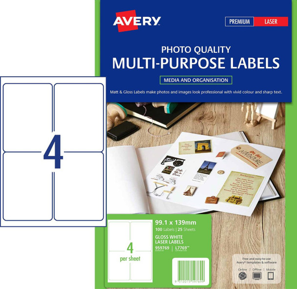Avery #959769 Glossy White Photo Quality Labels - L7769 - 100/Pack - 99.1 x 139 mm |4UP - place card holders, avery stickers, avery labels australia, avery australia, avery l7163 | It's A Mega Thing
