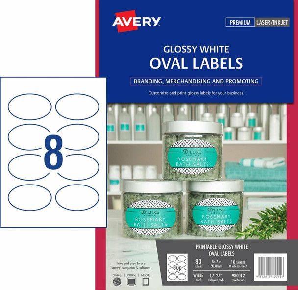 Avery #980012 Glossy White Oval Product Labels - L7127 - 80/Pack - 84.7 x 50.8 mm |8UP - fabric name labels, fabric name badge labels, avery products Australia name tags | It's A Mega Thing