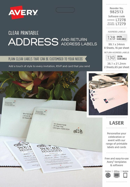 Avery #982513 Clear Address & Return Address Kit, L7278 L7279, 128+130/Pack, 99.1 x 34mm and 38.1 x 21.2mm |16+65 UP - Avery, averylabels, avery labels, avery products, place card holders | It's A Mega Thing