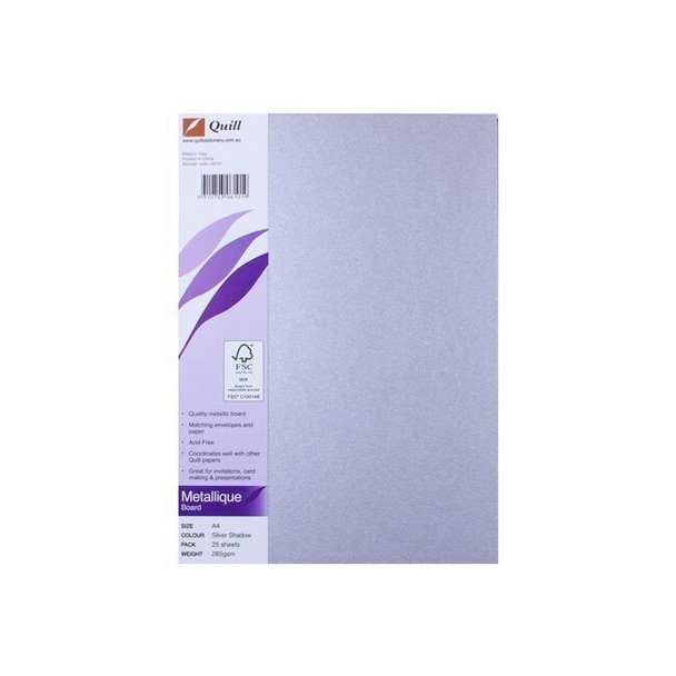 Quill Metallique Board 285gsm A4 Silver Shadow Pack of 25