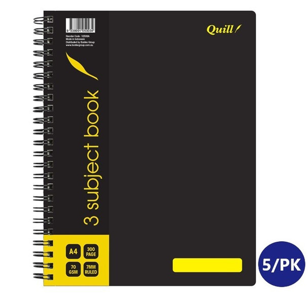 Quill Subject Book 3 70gsm PP A4 300 Pages Black Box of 5