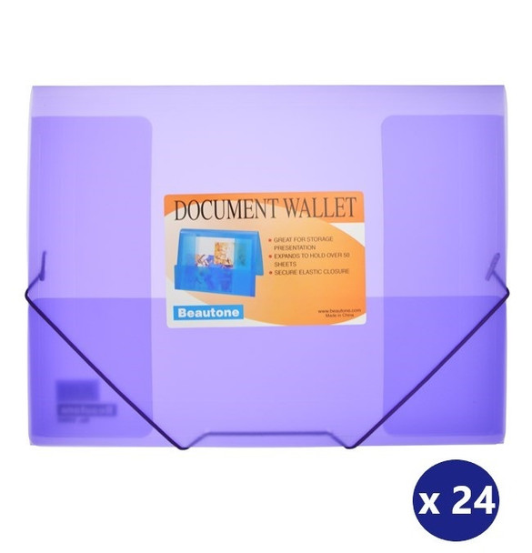 BEAUTONE 100851901 DOCUMENT WALLET A4 COOL FROST TRANSPARENT ELASTIC CLOSURE PURPLE BOX 24