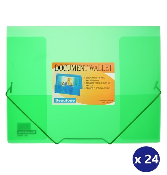 BEAUTONE 100851899 DOCUMENT WALLET A4 COOL FROST TRANSPARENT ELASTIC CLOSURE GREEN BOX 24