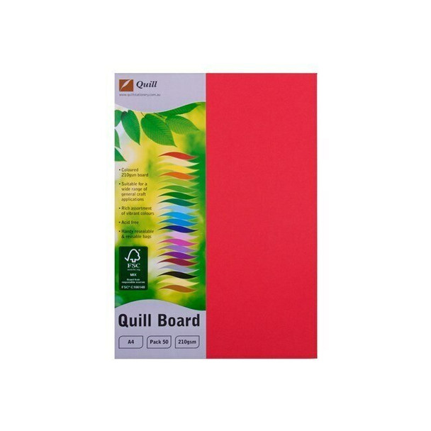 Quill Coloured Board 210gsm A4 Red Pack of 50