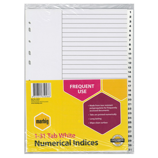 Marbig Indices and Dividers 1-31 Tab PP A4 White