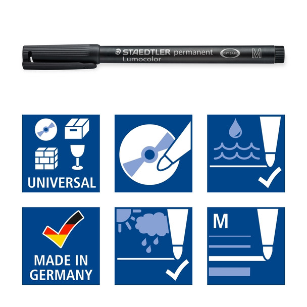 Staedtler 317-9BK2DA Lumocolor Permanent Pen Medium 1.0mm Black Blistercard 10