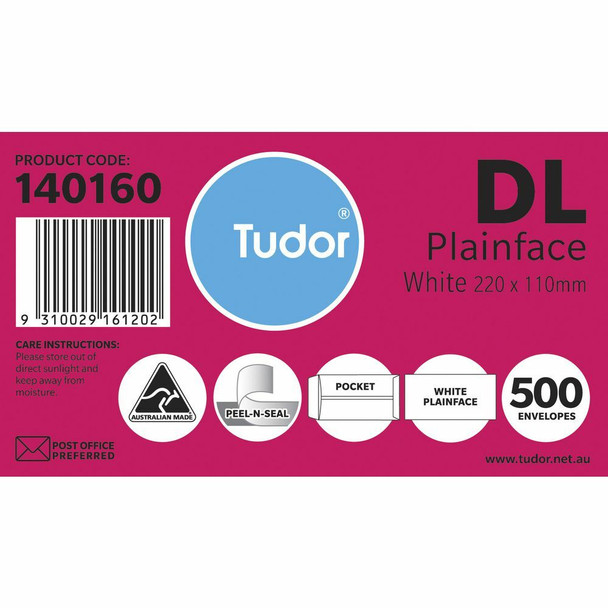 Tudor 140160 DL Plainface Pocket Peel and Seal White Envelopes 110x220mm - Box of 500 | It's A Mega Thing