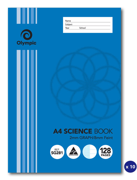 Olympic Science Book A4 128 Pages 2mm Graph and 8mm Feint Ruled Stapled Pack of 10