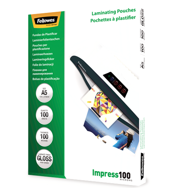 Glossy A5 100 Micron Laminating Pouch 100 Pack Fellowes
