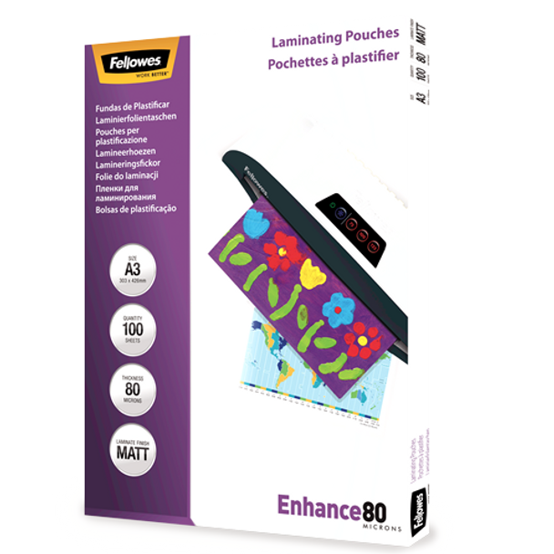 Matt A3 80 Micron Laminating Pouch Pack 100 Fellowes
