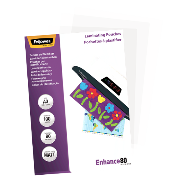 80 Micron Laminating Pouch Pack 100 Fellowes Matt A3