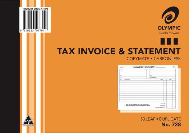 Olympic 140876 Invoice And Statement Book 728 Carbonless Duplicate 50 Leaf 210X148Mm | Its A Mega Thing