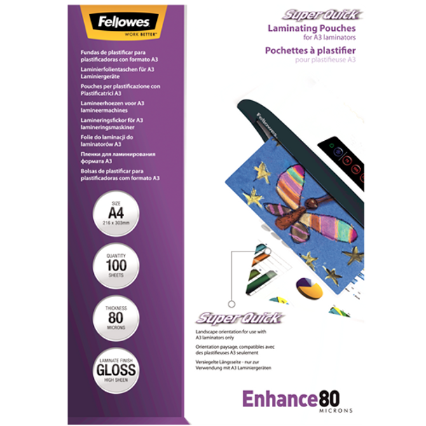 Fellowes SuperQuick A4 Glossy 80 Micron Laminating Pouch 100 Pack