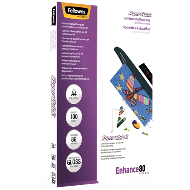 Laminating Pouch 100 Pack Fellowes SuperQuick A4 Glossy 80 Micron