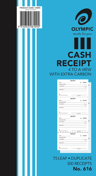 Olympic Cash Receipt Book 616 Carbon Duplicate 75 Leaf 254 x 135mm