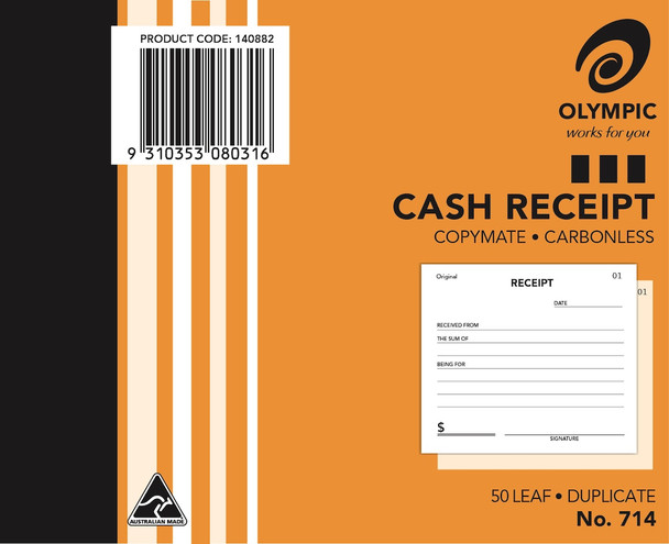 Olympic Cash Receipt Book 714 Carbonless Duplicate 50 Leaf 125 x 100mm