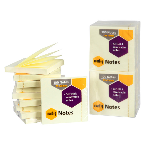 Marbig 75 x 75mm Repositionable Notes Yellow Pack of 12
