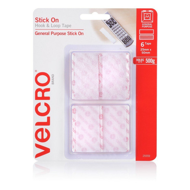 Velcro Brand 25559 Stick On Hook & Loop Tape 25Mm X 50Mm White Pack 6 Rectangles | Its A Mega Thing