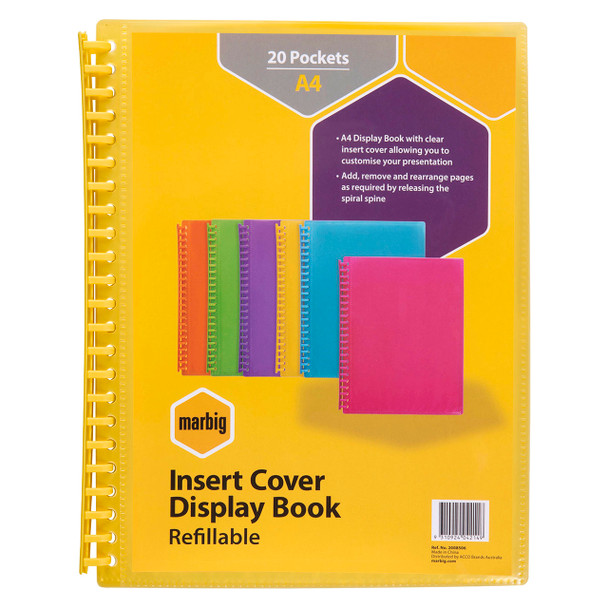 Marbig Clearview Refillable Display Book 20 Pocket A4 Translucent Yellow Box of 12