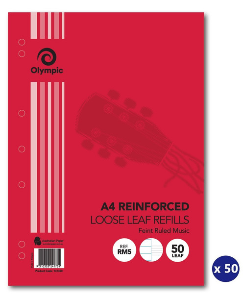 Olympic Loose Leaf Refill Reinforced A4 Music Stave Ruled 50 Leaf Box of 50
