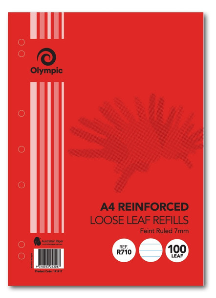 Olympic Loose Leaf Refill Reinforced A4 7mm Ruled 100 Leaf