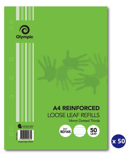 Olympic Loose Leaf Refill Reinforced A4 14mm Dotted Thirds Ruled 50 Leaf Box of 50