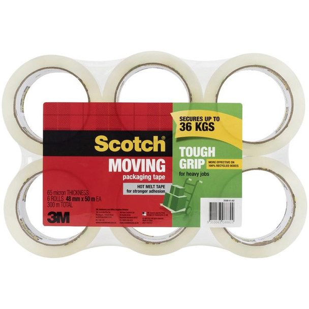 Scotch 3500-6-AU Tough Grip Moving Packaging Tape 48mm x 50m Clear Pack of 6