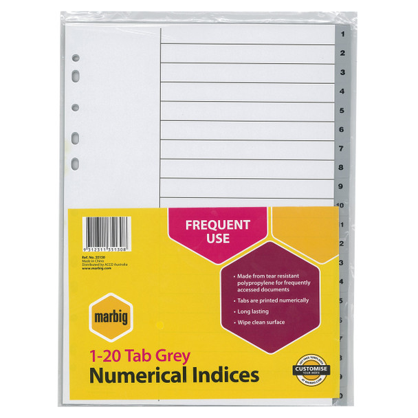 Marbig Indices and Dividers 1-20 Tab PP A4 Grey
