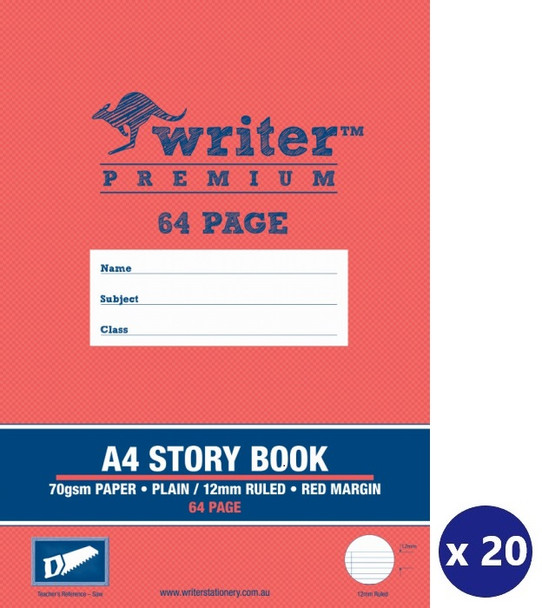 WRITER PREMIUM EB6527 STORY BOOK A4 64PG PLAIN/12MM RULED WITH MARGIN (SAW) PACK 20
