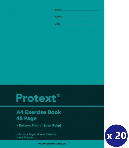 Protext NB5082 A4 Exercise Book 48 Page Botany Plain/8mm Ruled with Margin 70gsm – Pack of 20