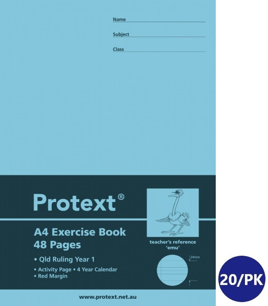 Protext Exercise Book A4 48 Page QLD Year 1 Ruled with Margin Emu Pack of 20